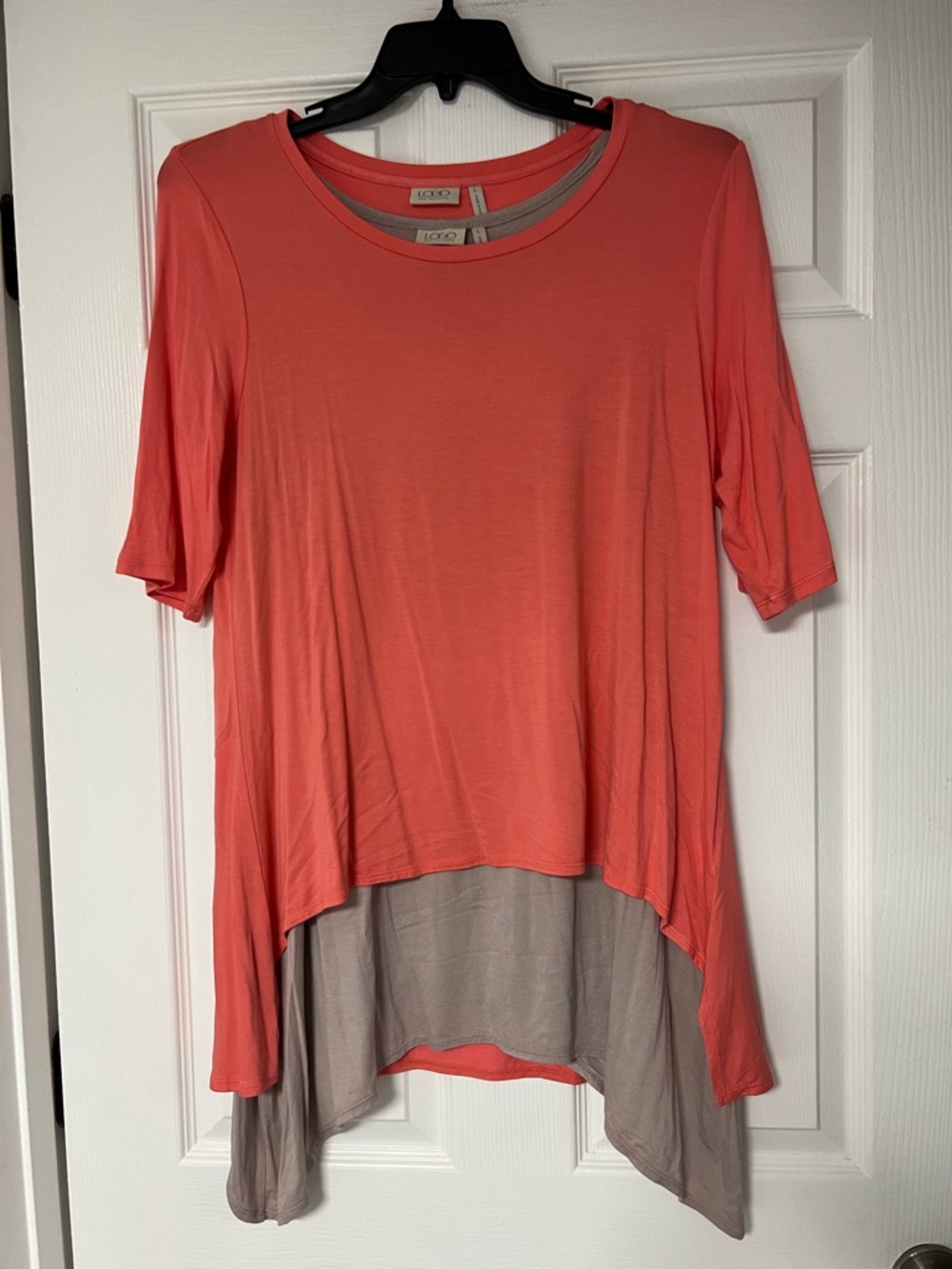 LOGO by Lori Goldstein, 2 Pieces, Coral and Taupe Layered Hi-Low Top